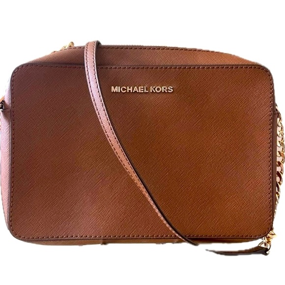 Michael Kors Jet Set Cognac Brown Saffiano Crossbody Bag - Picture 1 of 16
